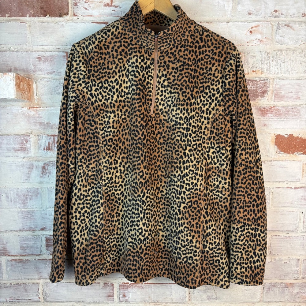 Lands' End Anyweather Fleece Quarter Zip L Leopard Print Animal Cozy Pullover